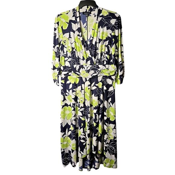 Perceptions 1X Plus Navy Floral 3/4 Slvs V-Neck Pullover Midi Dress Ruched Waist - Picture 1 of 14